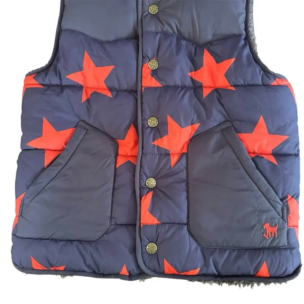 Mini Boden Kid’s Puffer Vest Sherpa Lined Stars Gray Orange Size 5-6